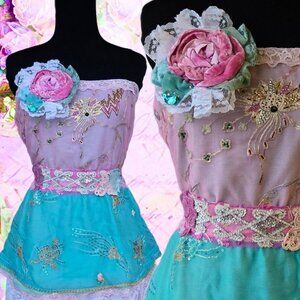 Handmade Tube Top Embroidered Sequins Flowers Vintage Romantic Blouse